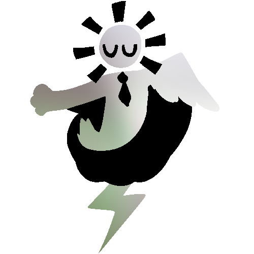 a person with an arrow wrapping around them. they have one arm with a paw, one wing, a lightning bolt instead of feet, a necktie, glow marks around their head, a short fuzzy tail, and closed eyes. the image has a warm aurora-like tint, with the person light and the arrow black